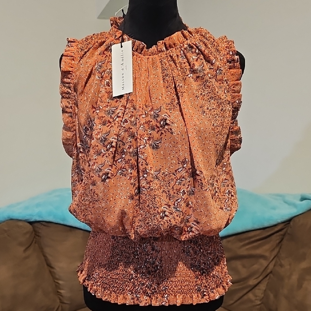 NWT Maison d'Amelie Paris Bohemian Inspired Orange Floral Women's Top